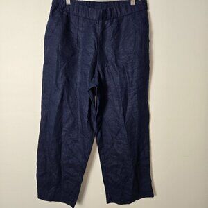 Charter Club Size S 100% Linen Navy Cropped Wide Leg Pull-On Pants Relaxed Fit